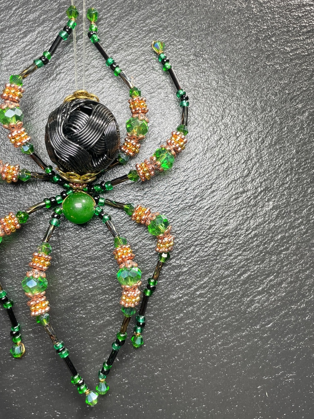 Artisan Made | Green Jade | Black Crystal Beaded Spider | Halloween Ornament - Picture 3 of 14